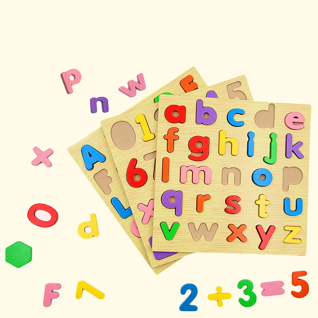 A wooden alphabet puzzle with vibrant letters, providing a fun and educational activity for children.