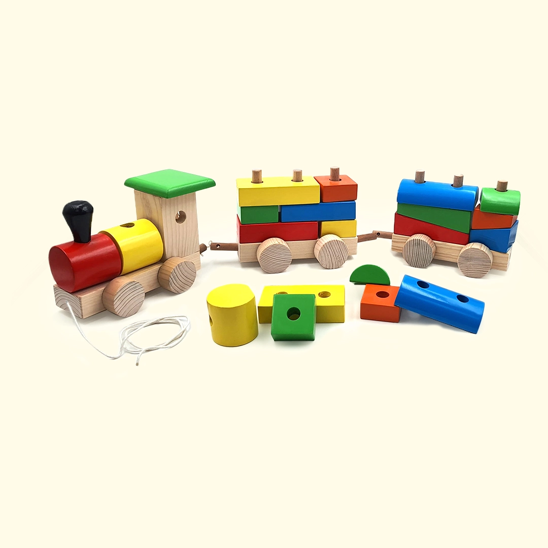 Wooden Train on green gradient background.