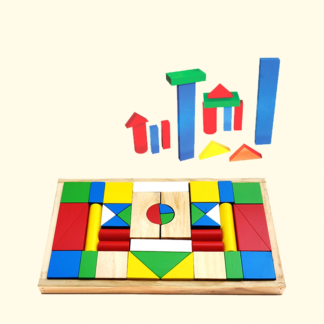 Wooden Building Blocks on green gradient background.