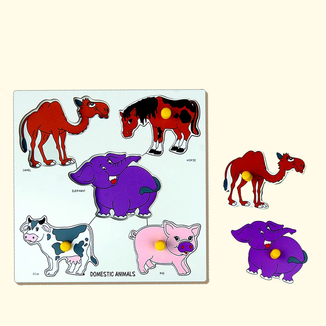 A collection of wooden animal puzzles, including a camel.