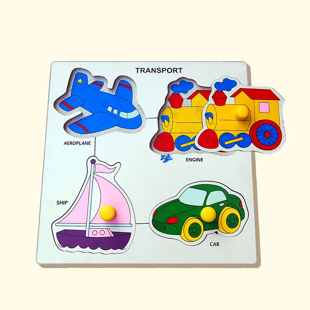 Transportation-themed puzzle featuring a car, plane, boat, and train.