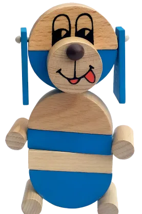 A puppy shaped wooden toy.