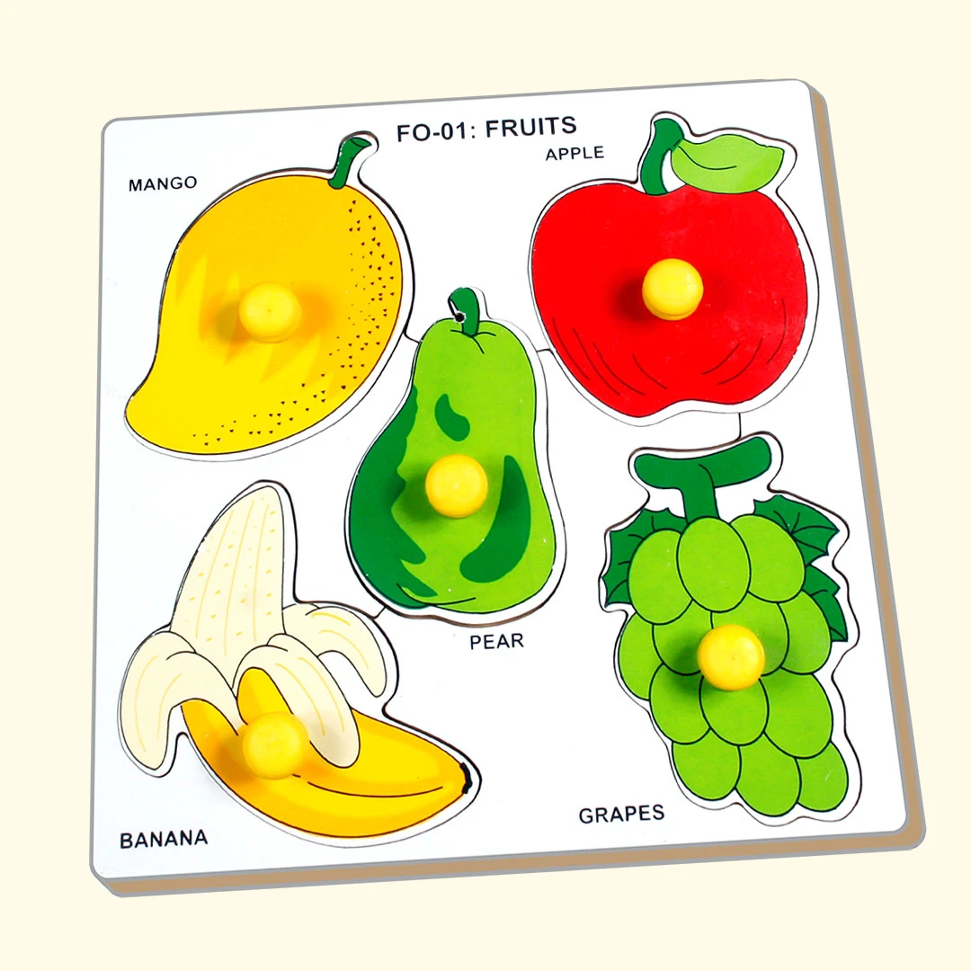 A wooden puzzle board with fruit shapes, perfect for developing problem-solving skills and learning about different fruits.
