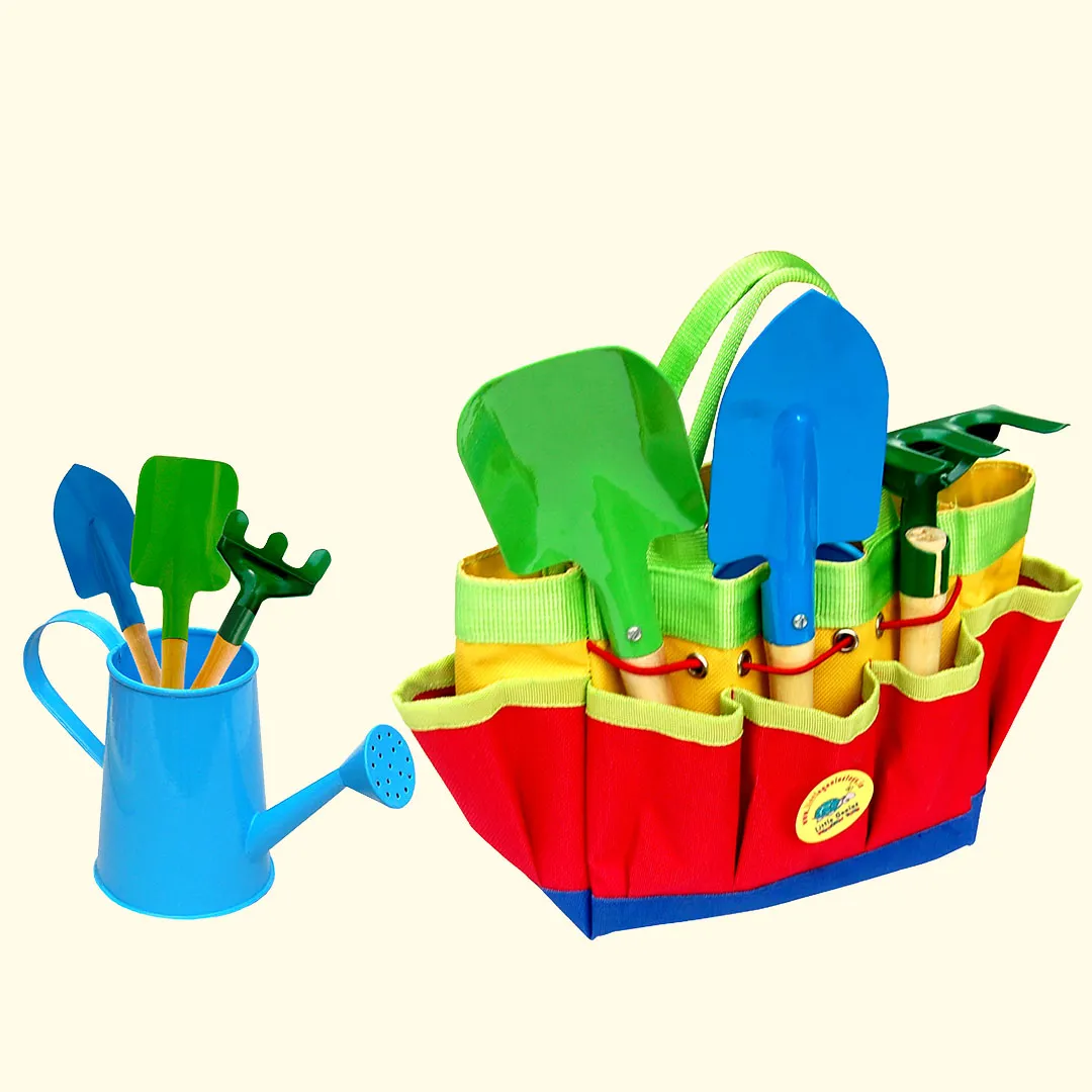 Assorted colorful buckets and a watering can on display.