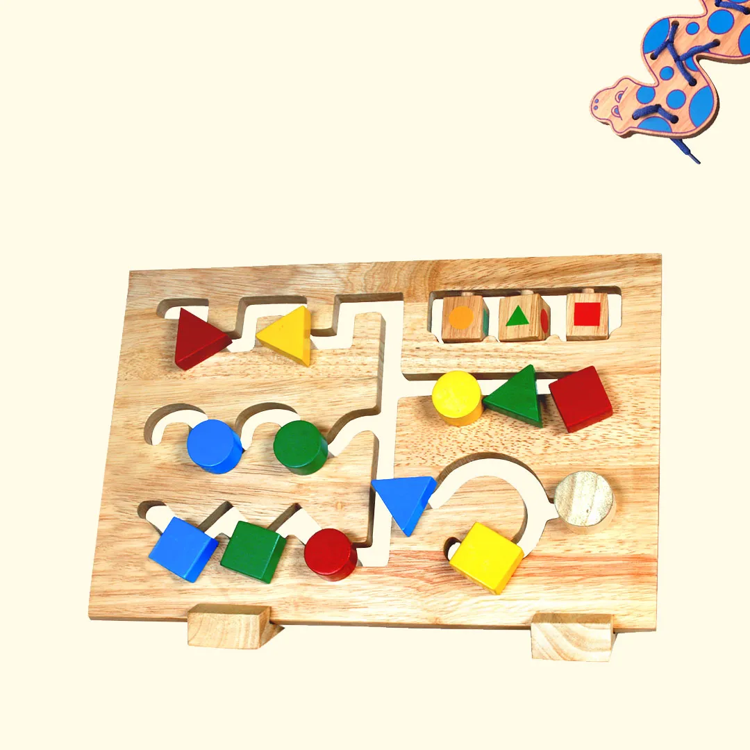 A wooden puzzle board with vibrant shapes, providing a fun and engaging activity for all ages.
