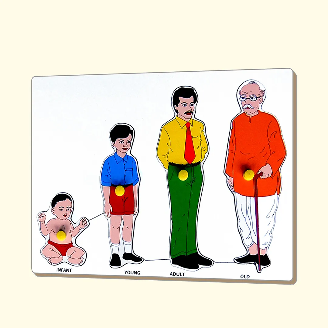 A wooden board puzzle depicting the life cycle of a family, from infancy to old age.