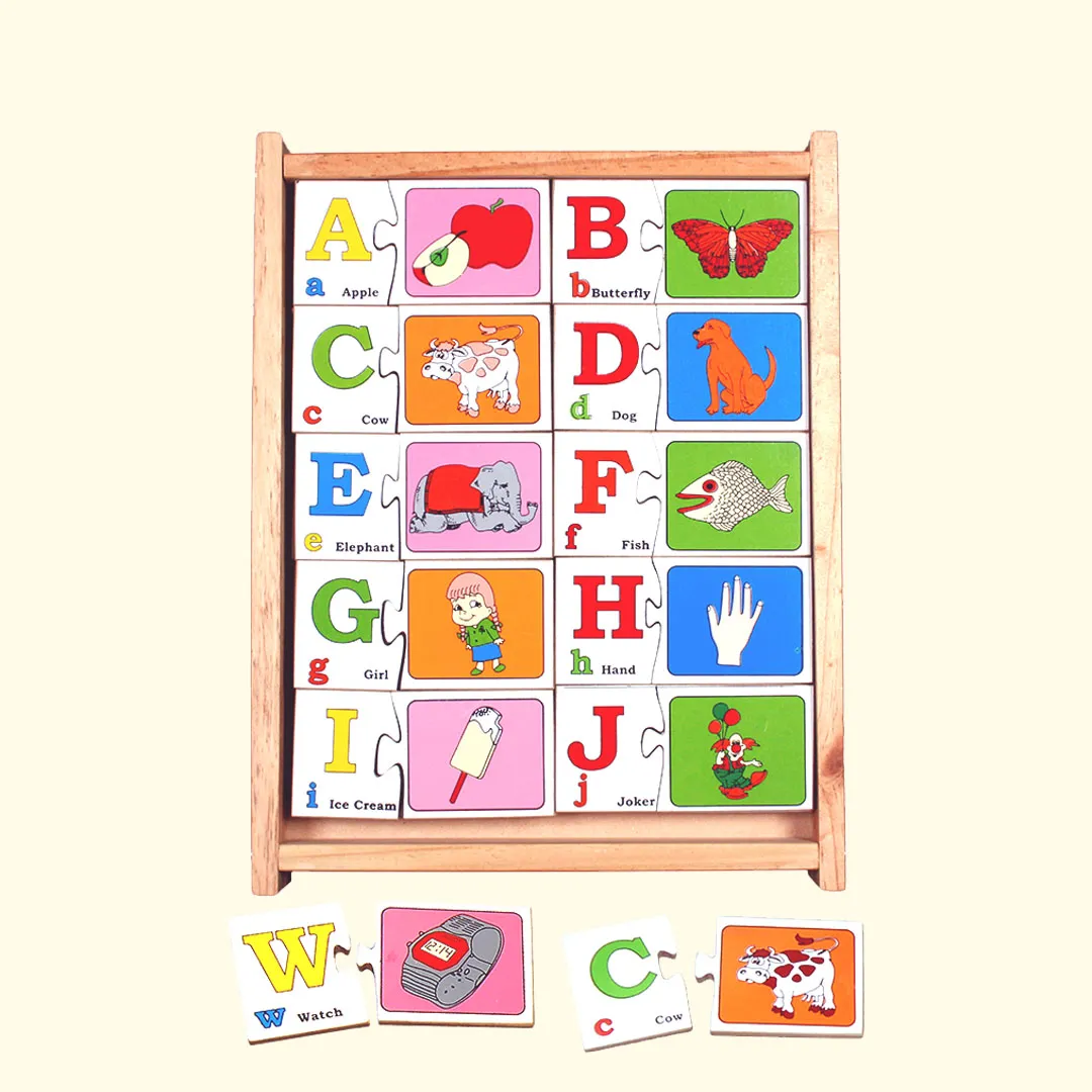 A wooden puzzle with letters - numbers with pictures, providing a fun and educational activity for children and adults alike.