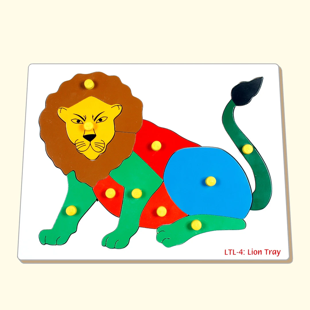 A wooden puzzle board with a majestic lion on it, ready to be solved and admired.