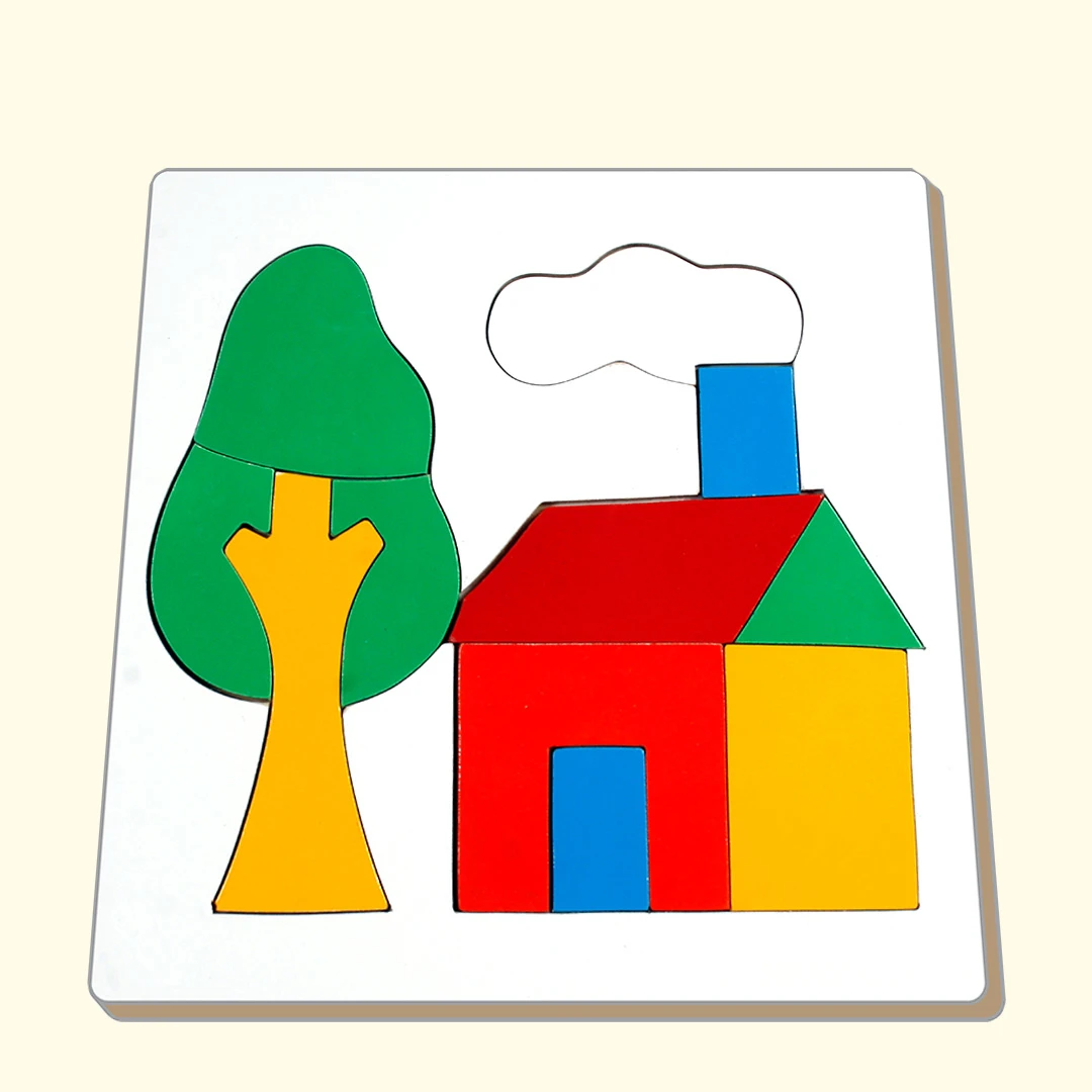 Wooden puzzle of a vibrant house and tree surrounded by nature's beauty.