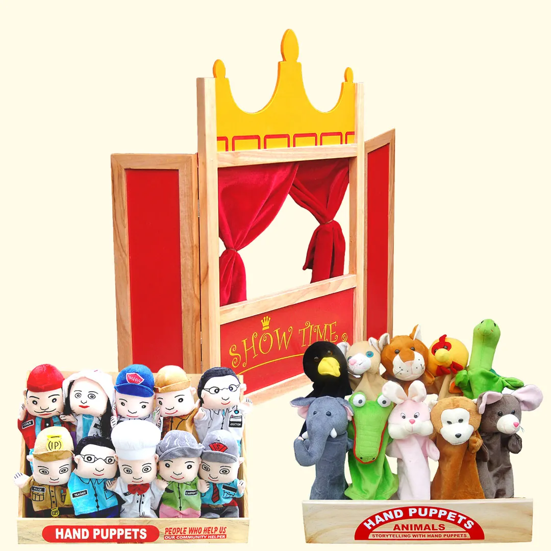 A wooden stage adorned with stuffed animals and a crown, creating a whimsical and playful atmosphere.