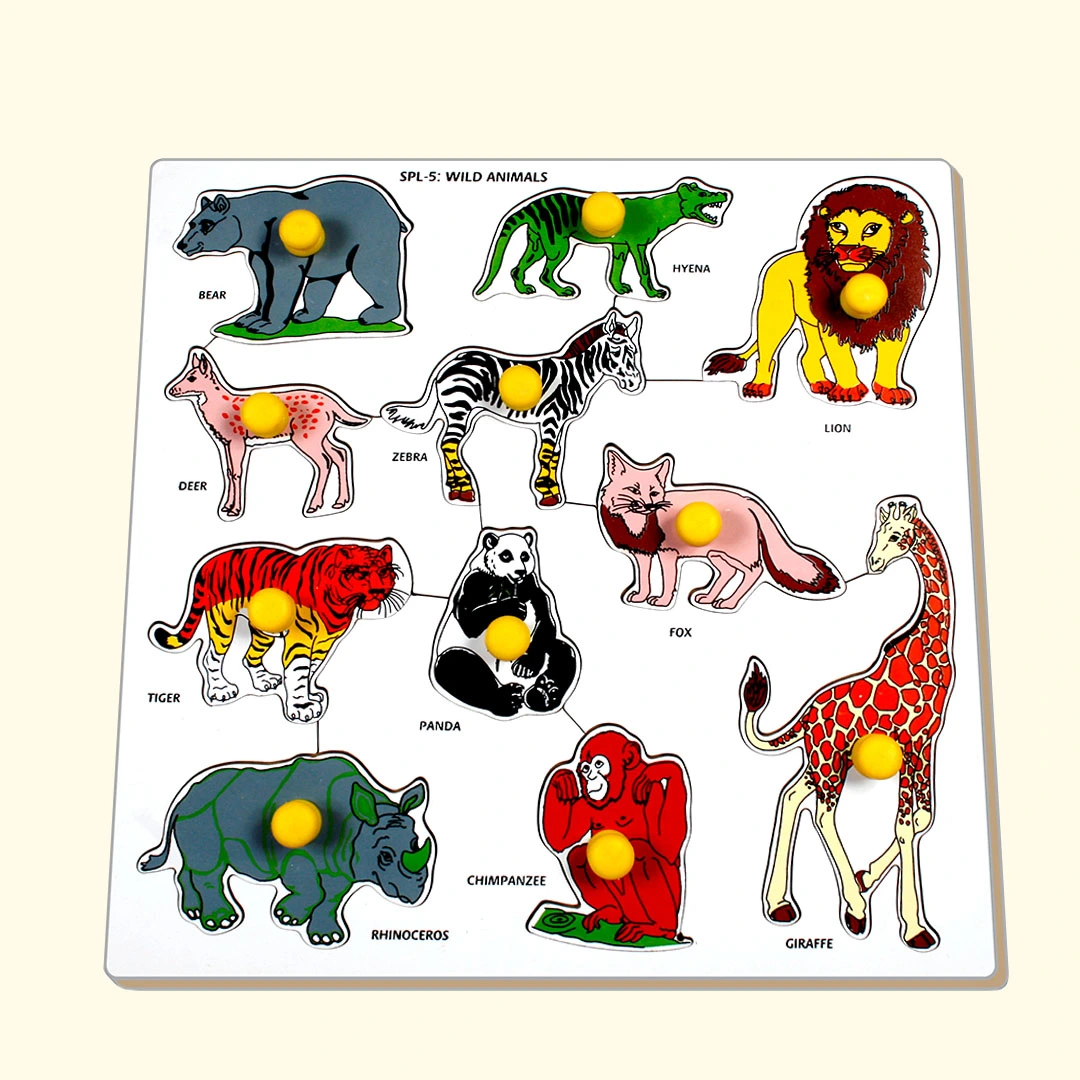 Wooden puzzle featuring animals like lion, giraffe, and elephant, perfect for kids to learn and play.