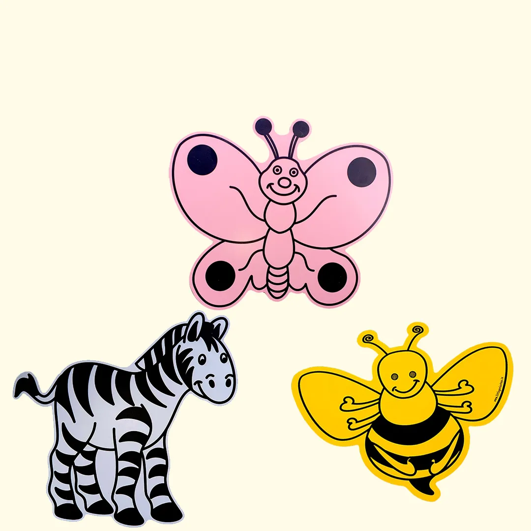 A stickers of zebra standing next to a butterfly and a bee.